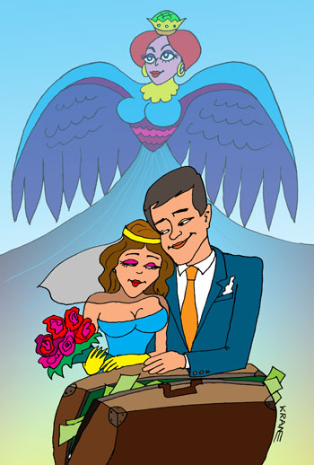 Карикатура о птице счастья. Жених и невеста с чемоданом полным денег. Над ними птица счастья, крыльями звеня.