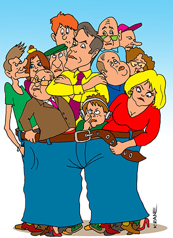 Карикатура о брюках. Статистика говорит одна деревянная кровать на сто человек, одни брюки на двенадцать человек