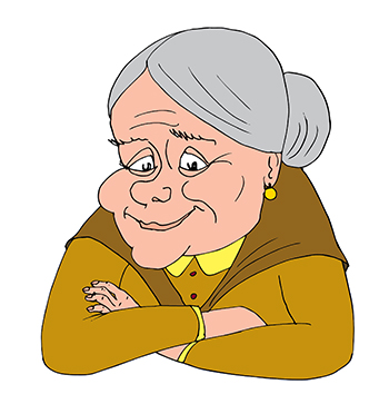 Карикатура про бабушку в шали. Добрая бабушка сложив руки улыбается.