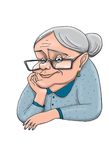 Карикатура про бабушку в очках. Добрая бабушка сложив руки улыбается.