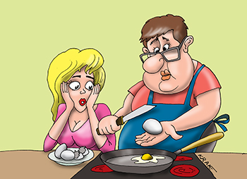 Карикатура про мужчину с яичницей. Повезло женщине ее муж умеет готовить яичницу.
