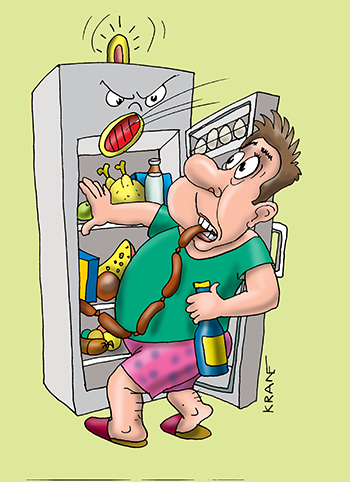 Карикатура про обжорство. Холодильник сигнал подает когда хозяину пора прекратить кушать.