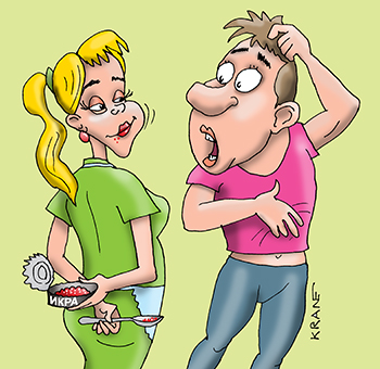 Карикатура про икру. Жена прячет икру от мужа. 