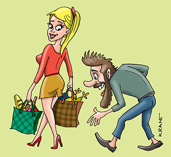Карикатура про голодного мужчину. Мужчину привлекает красивая женщина с полными сумками еды.