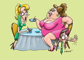 Карикатура про мелкого мужа. Две подруги пьют кофе. Мужа раздавила жена. Он не может ее бросить.