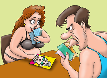 Карикатура про игру в карты. Жена играет в карты с мужем. Ходит с козырей.