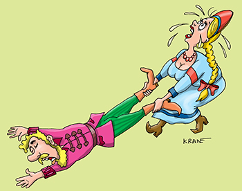 Карикатура про семейную жизнь. Василиса Прекрасная тащит за ноги Ивана Дирака в спальню.