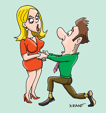 Карикатура про сватовство. Юноша признается в любви девушке, а она его ругает за помятые брюки.