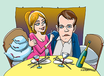 Карикатура про планы жениться. Девушка и парень сидят на кровати и строят планы пожениться. На столе выпитая бутылка вина и скушанные шашлыки.