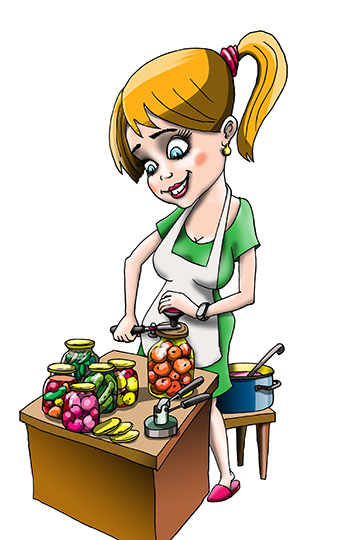 Карикатура про заготовки на зиму. Девушка закатывает банки с огурцами и помидорами. Варение и компоты стоят на столе.
