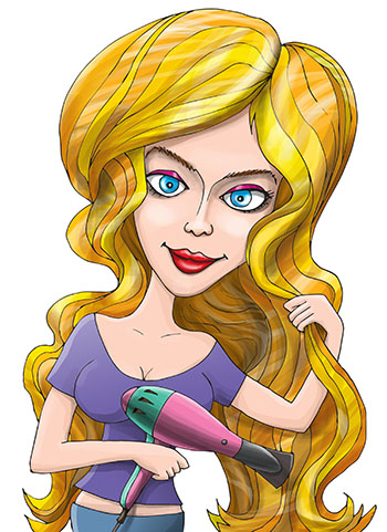 Карикатура про девушку с феном. Девушка с феном делает прическу. Золотые волосы.