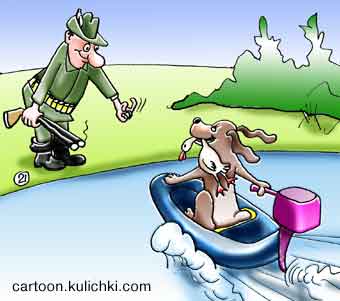 Карикатура про охотников. Охотничей породы собака несет подстрелянную утку охотнику. Пес плывет на моторной лодке по озеру. Утка в зубах.  Двухстволка в руке, патронтаж на поясе, шляпа с пером.