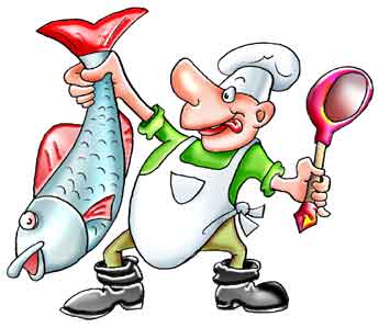 Карикатура о рыбе в ухе. Повар в колпаке с черпаком большую рыбину держит за хвост.