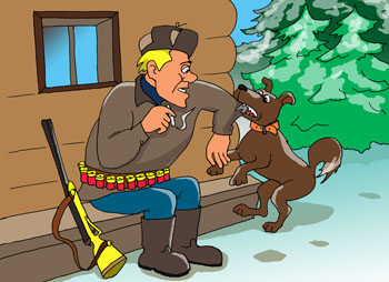 Карикатура об охотничьем псе. Собака тянет за рукав охотника на привале будто бы хочет ему что-то показать.