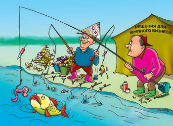 Карикатура о решении для крупного бизнеса. Два рыбака на берегу. У рыбака с большой удочкой не клюет. Рыбак с маленькими удочками наловил несколько ведер рыбы. Вытаскивает очередную рыбку. На других удочках клюет.