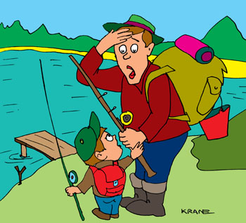 Карикатура про червей. Сын с отцом долго собирались на рыбалку, тщательно готовились. Когда приехали на речку вспомнили, что забыли накопать червей.