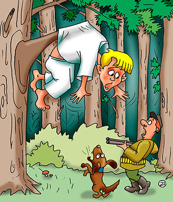 Карикатура о диком мальчике. Охотник в лесу спас мальчика повисшего на ветке сосны