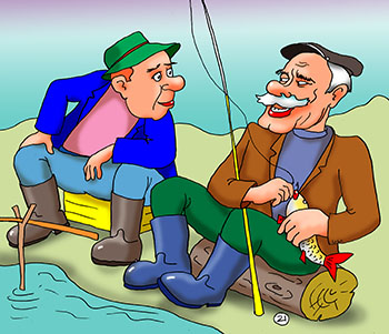 Карикатура про разговор на рыбалке. Два рыбака разговаривают и ловят рыбу на удочки
