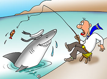 Карикатура про акулу. Матрос рыбачил в море на удочку, но из воды выпрыгнула акула