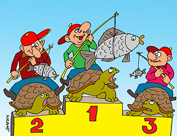 Карикатура про гонку на черепахах. Чем больше стимул, тем больше шансов победить! Победители гонки на черепахах на пьедестале. Стимул к быстрому бегу – рыба.
