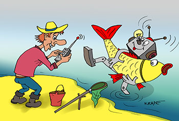 Карикатура про рыбалку с роботом. Картина Рыбак с радиоуправляемой удочкой в виде ныряющего за рыбой робота.