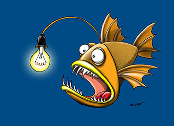 Карикатура про рыбу с лампочкой. Глубинная рыба с лампочкой в темноте. Хищная рыба.