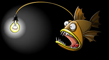 Карикатура про рыбу с лампочкой. Глубинная рыба с лампочкой в темноте. Хищная рыба.