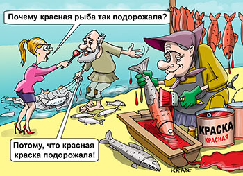 Карикатура про повышении цены на красную рыбу. Почему красная рыба так подорожала? Потому, что красная краска подорожала! Журналист спрашивает старика с неводом. Старуха в разбитом корыте красит рыбу.