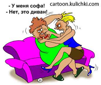 Карикатура о мягкой мебели. Две подруги дерутся, спорят как называется диван: софа или диван. 