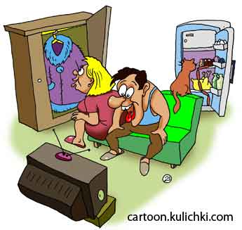 Карикатура о разных интересах. Жена смотрит на свою шубу в шкафу, муж смотрит телевизор, кот смотрит на рыбу в холодильнике.