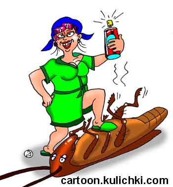 Карикатура о борьбе с тараканами. Домохозяйка победила таракана дихлофосом.