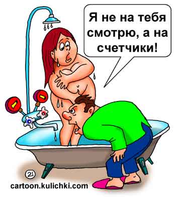 Карикатура о счетчиках горячей и холодной воды. Парень смотрит на счетчики а не на голую девушку моющуюся в душе.