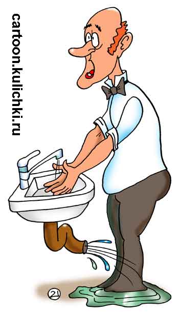 Карикатура о сливах в раковине. У раковины сломан сильфон и джентльмен умываясь льет воду себе на фрак.