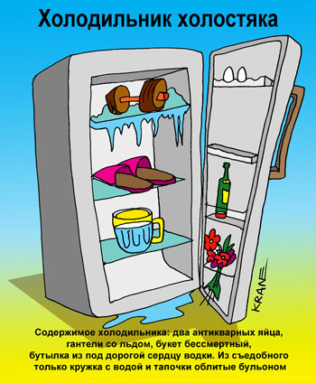 Карикатура о холодильнике холостяка. Открытый холодильник. Содержимое холодильника: два антикварных яйца, гантели со льдом, букет бессмертный, бутылка из под дорогой сердцу водки. Из съедобного только кружка с водой и тапочки облитые бульоном