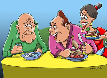 Карикатура о приеме гостей. Муж с женой на кухне. Ты слышал дяде Георгию врачи запретили мясо, фрукты, мучное, алкоголь! Ну теперь то можно его пригласить к нам на обед!