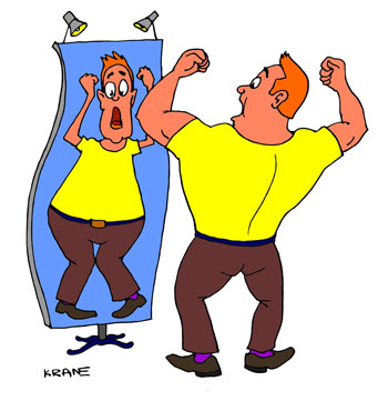 Карикатура об отражении в кривом зеркале. Мужик у кривого зеркала видит себя слабым, дистрофиком. Демонстрирует мускулатуру.