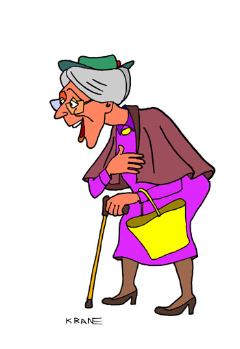 Карикатура о мадам Шапо. Старушка в шляпке с сумочкой и палочкой. 