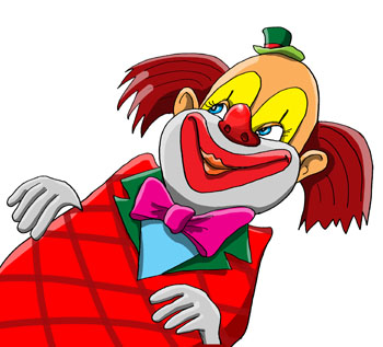Карикатура о клоуне. Клоун в костюме с большим носом.