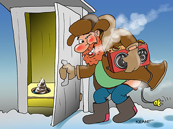 Карикатура про туалет на морозе. Мужик в мороз идет в туалет с двухкомфорочной электро плиткой. Солдатик стоит инеем покрытый. Удобства на улице.