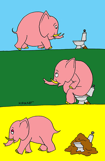Карикатура про слона на унитазе. Розовый слон пришел в туалет, разгрузился и забыл смыть фекалии в канализацию.