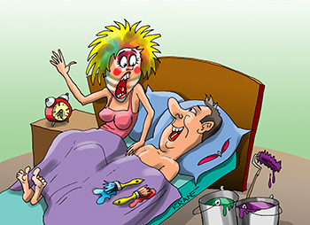 Карикатура про макияж. Пока жена спала муж сделал ей макияж.