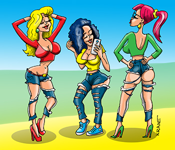 Карикатура про рваные джинсы. Девушки в рваных джинсах.