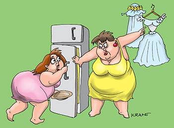Карикатура про свадьбу. Перед свадьбой невесте дают время похудеть, чтобы влезть в свадебное платье.