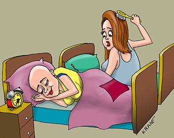 Карикатура про лысую девушку. Лысая девушка утром не причесывается и потому может поспать подольше.