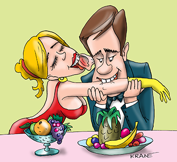 Карикатура про долголетие. Муж и жена едят друг друга.
