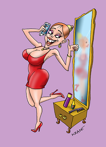 Карикатура про внешность и фигуру. Девушка любуется своей фигурой в зеркале.