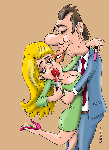 Карикатура про поцелуи и помаду. Девушка губной помадой мажет губы для поцелуев, от ветренной погоды и для других случаев.