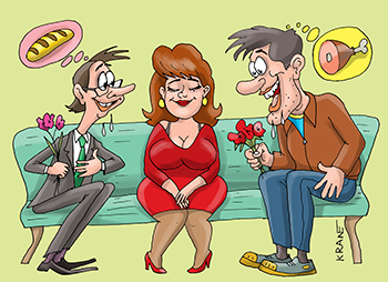 Карикатура про любовный треугольник. У девушки два жениха с цветами. Она выберет вегетарианца или мясоеда.