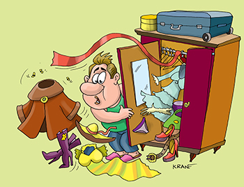 Карикатура про модную одежду. Муж открыл шкаф с модной одеждой жены.