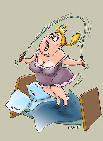 Карикатура про скакалку. Девушка скачет на скакалке в спальне.